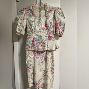 Vintage 80s Floral Puff Sleeve Skirt Set